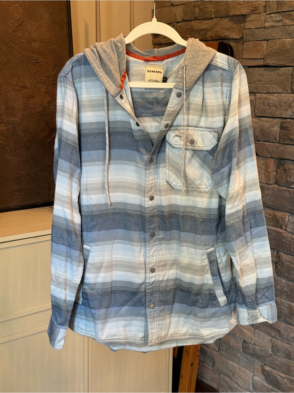 Simms Men's Blue and Gray Plaid Hooded Button-Down Shirt